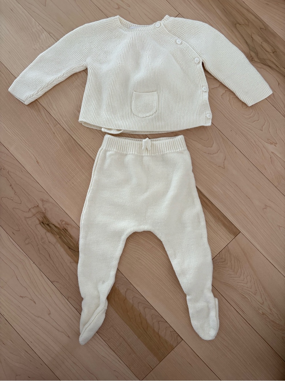 Zara Cream Knit Baby Two-Piece Set - Button Sweater & Footed Pants